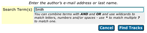 Image of "Author Search" section: Enter some portion of the author's name or their complete email address and press Find Tracks.