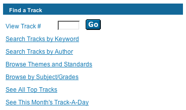Image of the "Find a Track" section on home page: by keyword, by author, by Track id (text field), and link to Track-a-Day