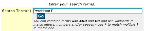 Image of the keyword search field with "world war !" typed in the form.