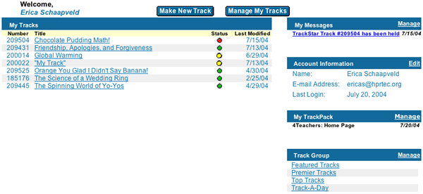 Image of the my accounts page which lists the user's Tracks, Messages, Account Information, TrackPack, and Track Group Collections.