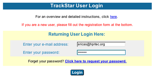 Image of the TrackStar Login form for returning users.  Users must enter their email address and password. Login button is directly beneath the form.