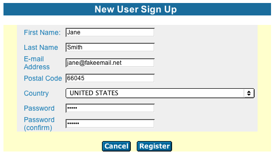 Image of the registeration fields for a new user, including name, email, postal code, country, and password.