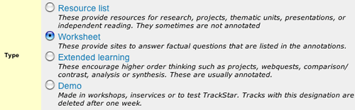 This image shows the four options, Resource, Worksheet, Extended Learning, and Demo.  The circular radio button next to Worksheet is selected.  